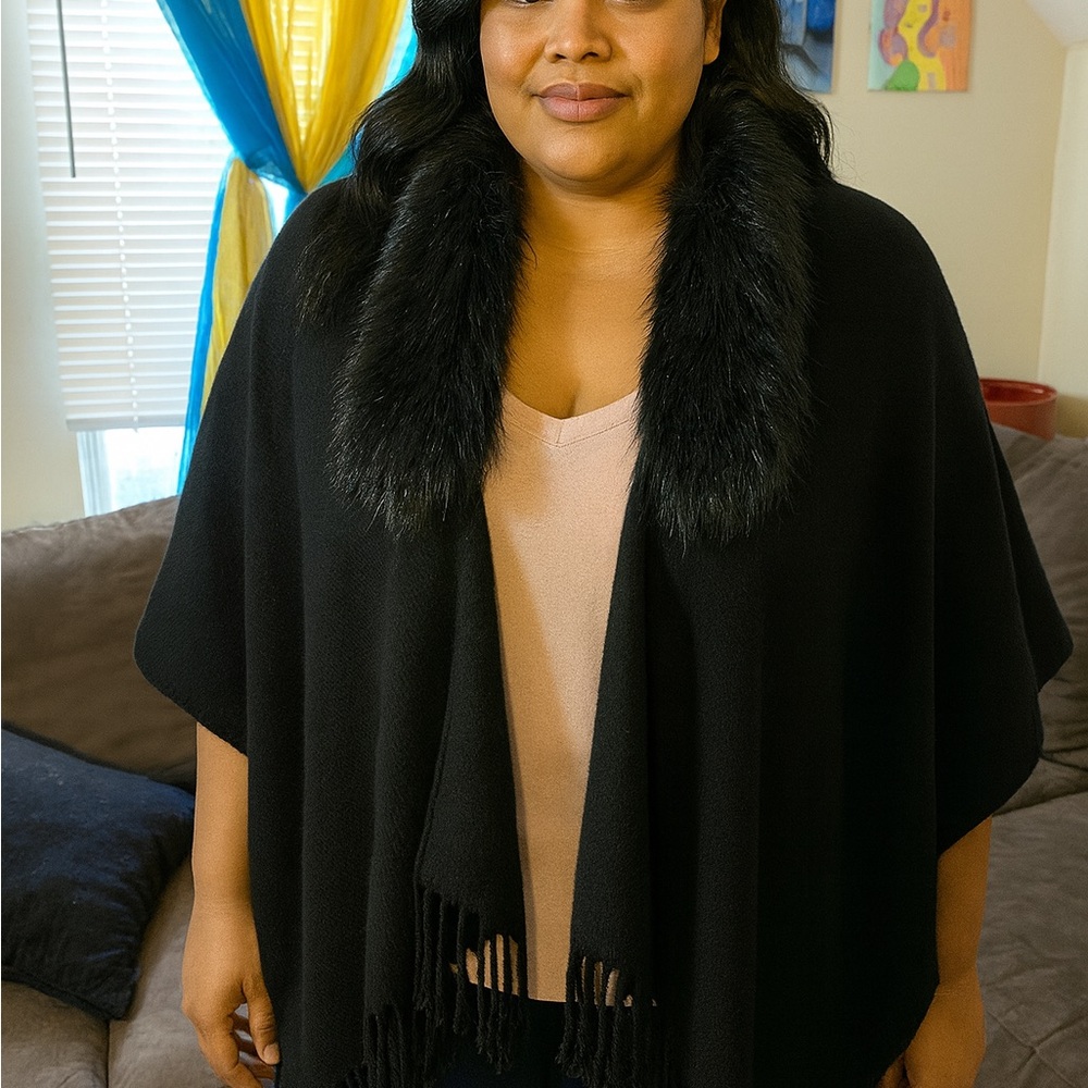 Michael Kors Black Shawl with Faux Fur Collar - Picture 2 of 4